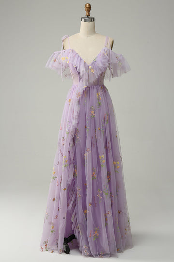 A-Line V-Neck Spaghetti stropper Broderi Lavendel Long Prom Kjole med Slit